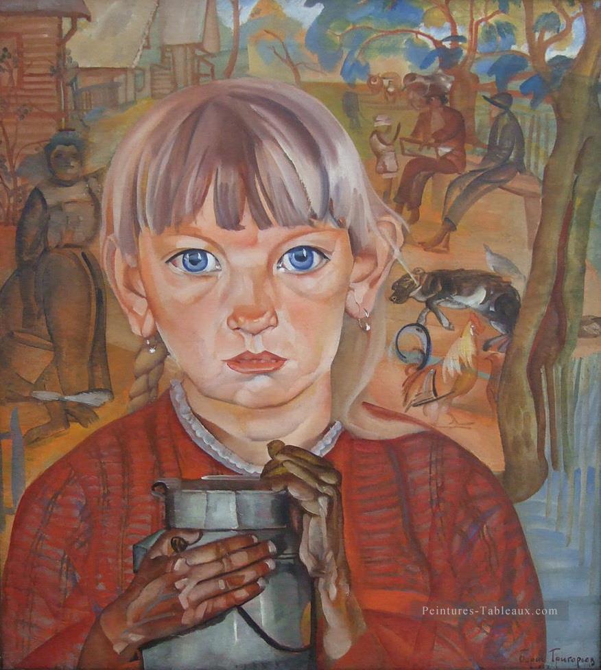 fille avec une boîte de lait 1917 Boris Dmitrievich Grigoriev Peintures à l'huile
